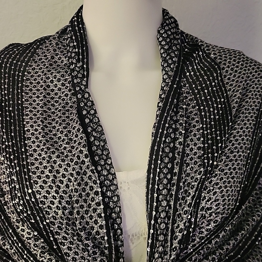 Vtg KENSIE Black Metallic Silver Disco Fringe Holiday Wrap Shawl - Picture 5 of 7